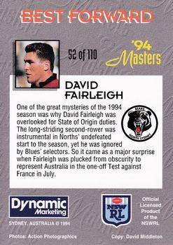 1994 Dynamic NSW Rugby League '94 Masters #52 David Fairleigh Back